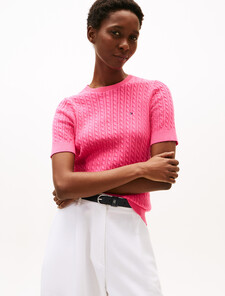 Cable Knit Short Sleeve Sweater, Fandango Pink, hi-res