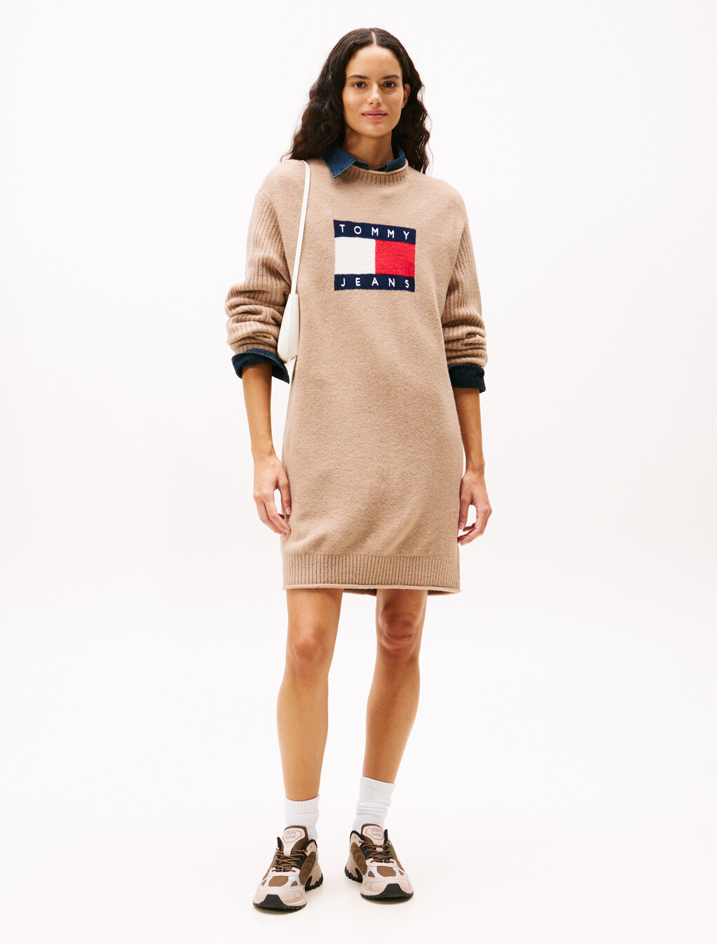 Tommy Flag Badge Mini Jumper Dress, Malted Milk, hi-res