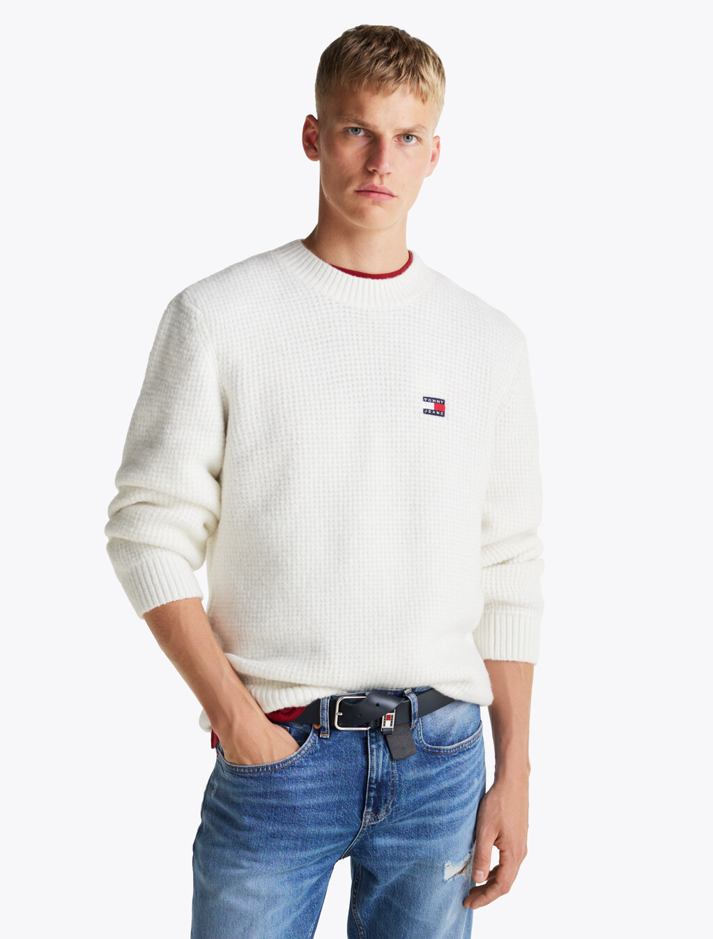 Waffle Knit Crew Neck Jumper With Wool, Ancient White Melange, hi-res