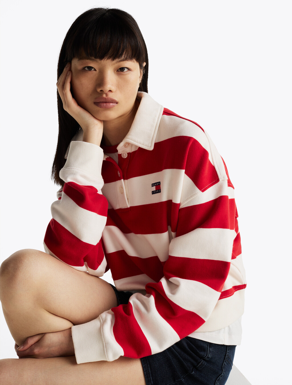 Boxy Fit Polo Collar Sweatshirt, Ancient White/Red Stripe, hi-res