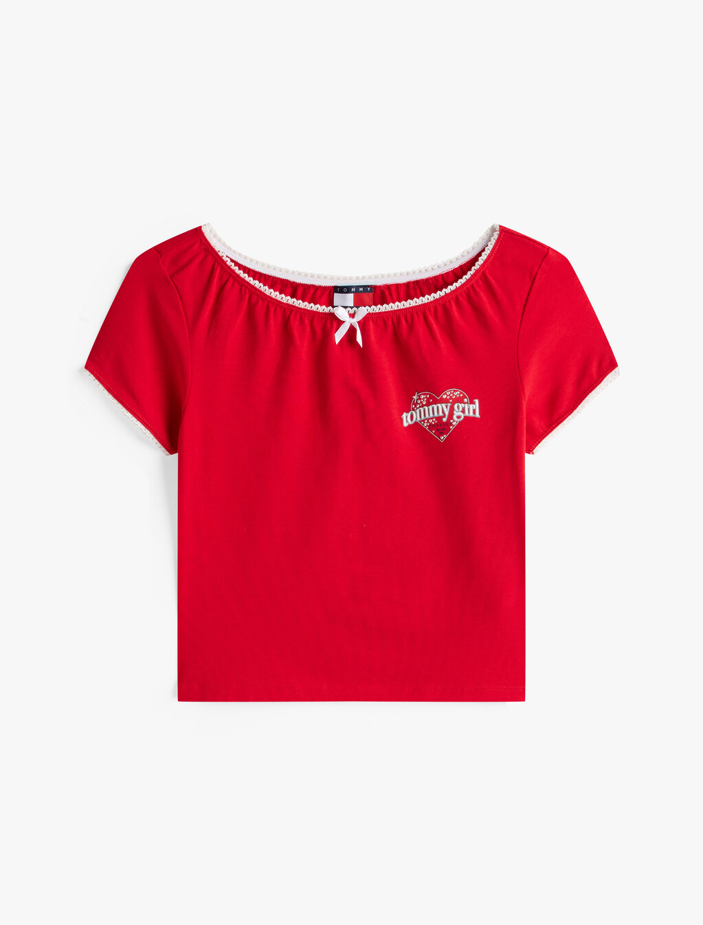 Tommy Girl 標誌修身短版 T 恤, Primary Red / Ecru, hi-res