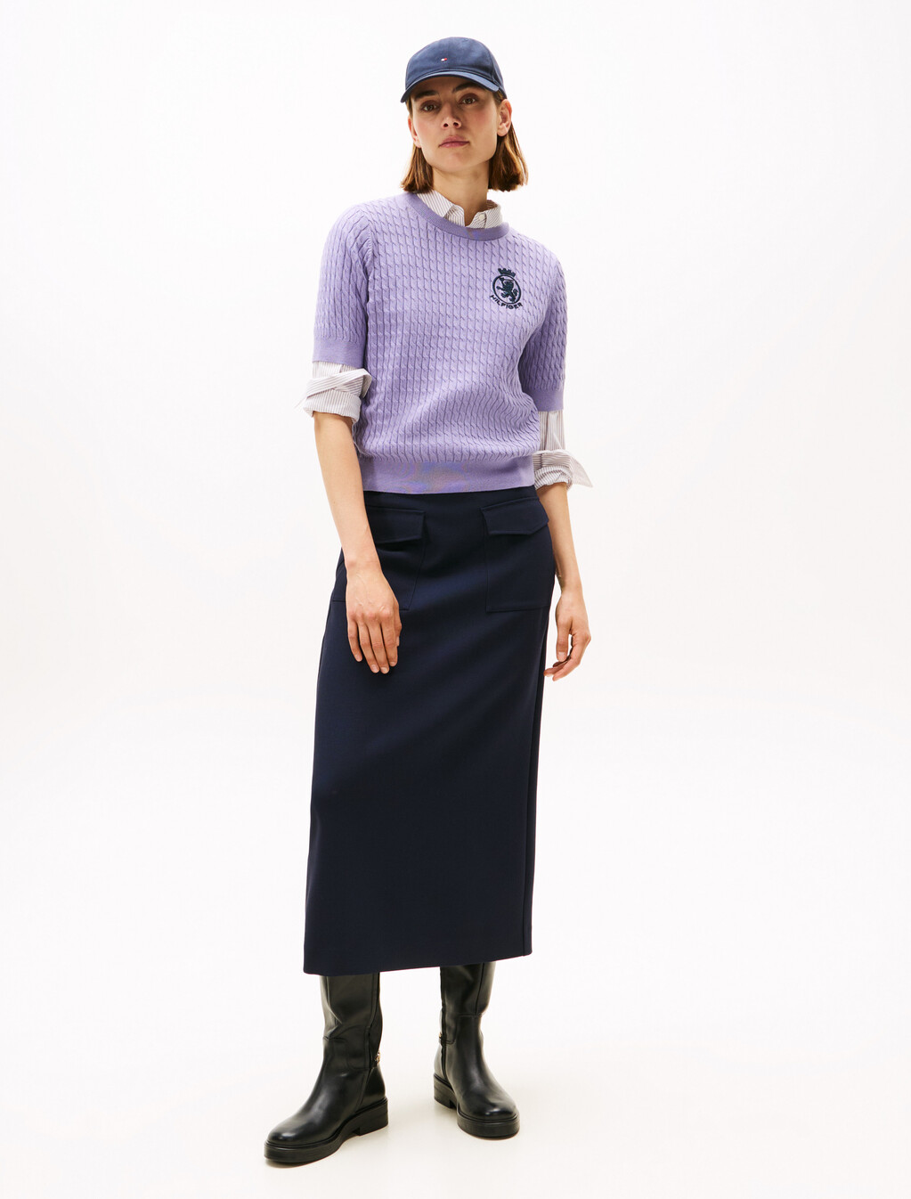 Tommy Crest Cable Knit Sweater, Lavender Ash, hi-res