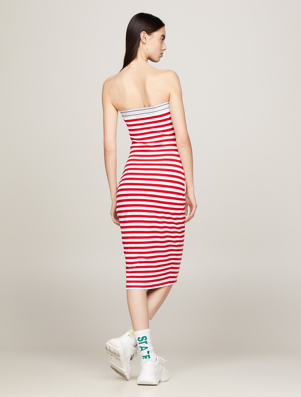 Logo Tape Stripe Knee Length Tube Dress, Deep Crimson / Stripe, hi-res
