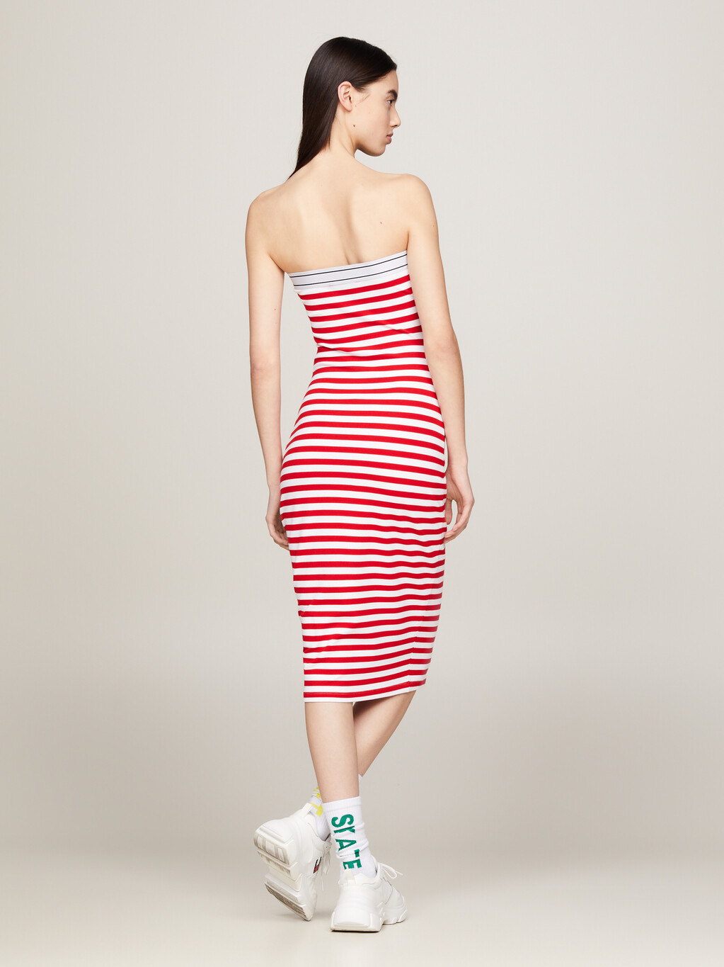 Logo Tape Stripe Knee Length Tube Dress, Deep Crimson / Stripe, hi-res