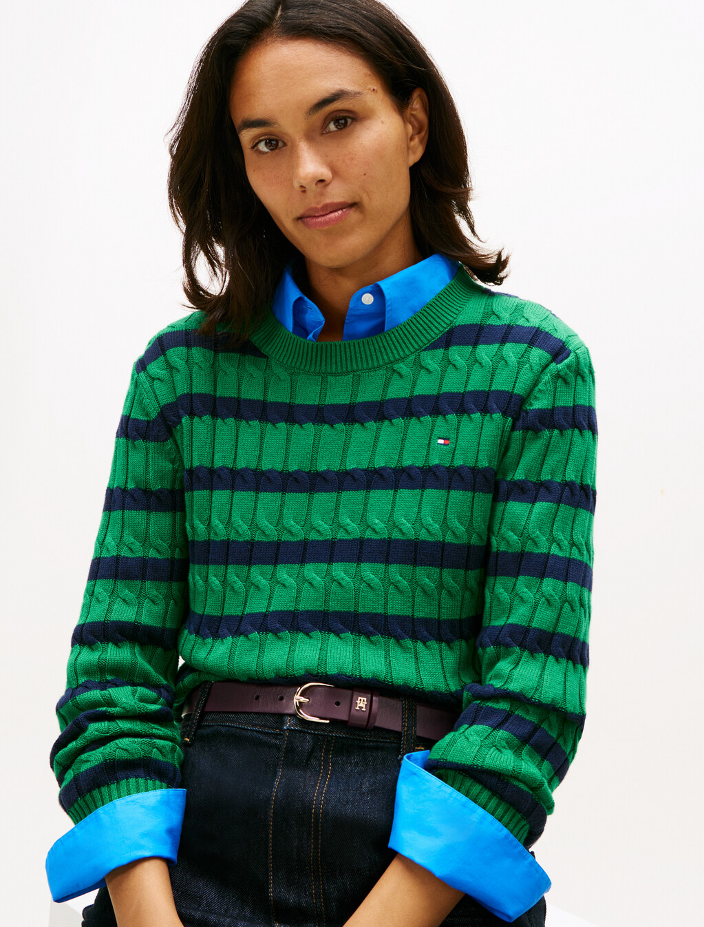 絞花針織圓領上衣, Nouveau Green/Navy Breton Stp, hi-res