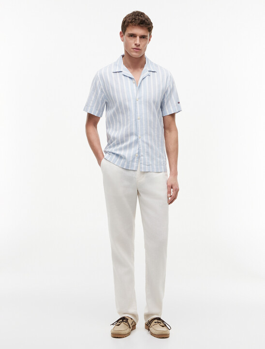 Linen Blend Textured Stripe Short Sleeve Shirt