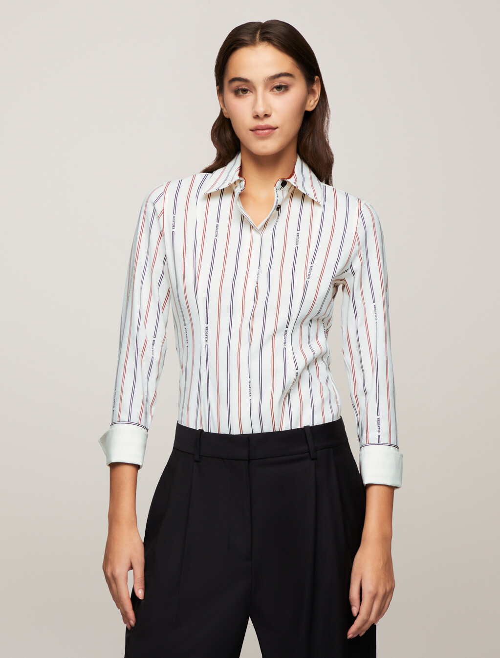 亞洲版型標誌條紋修身襯衫, Monotype Stp/ Ancient White, hi-res