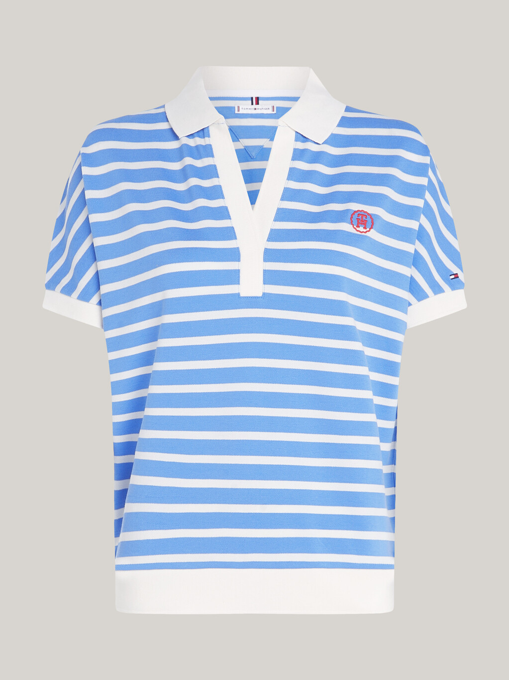 寬鬆萊賽爾條紋 Polo 衫, Breton Ecru/Blue Spell, hi-res