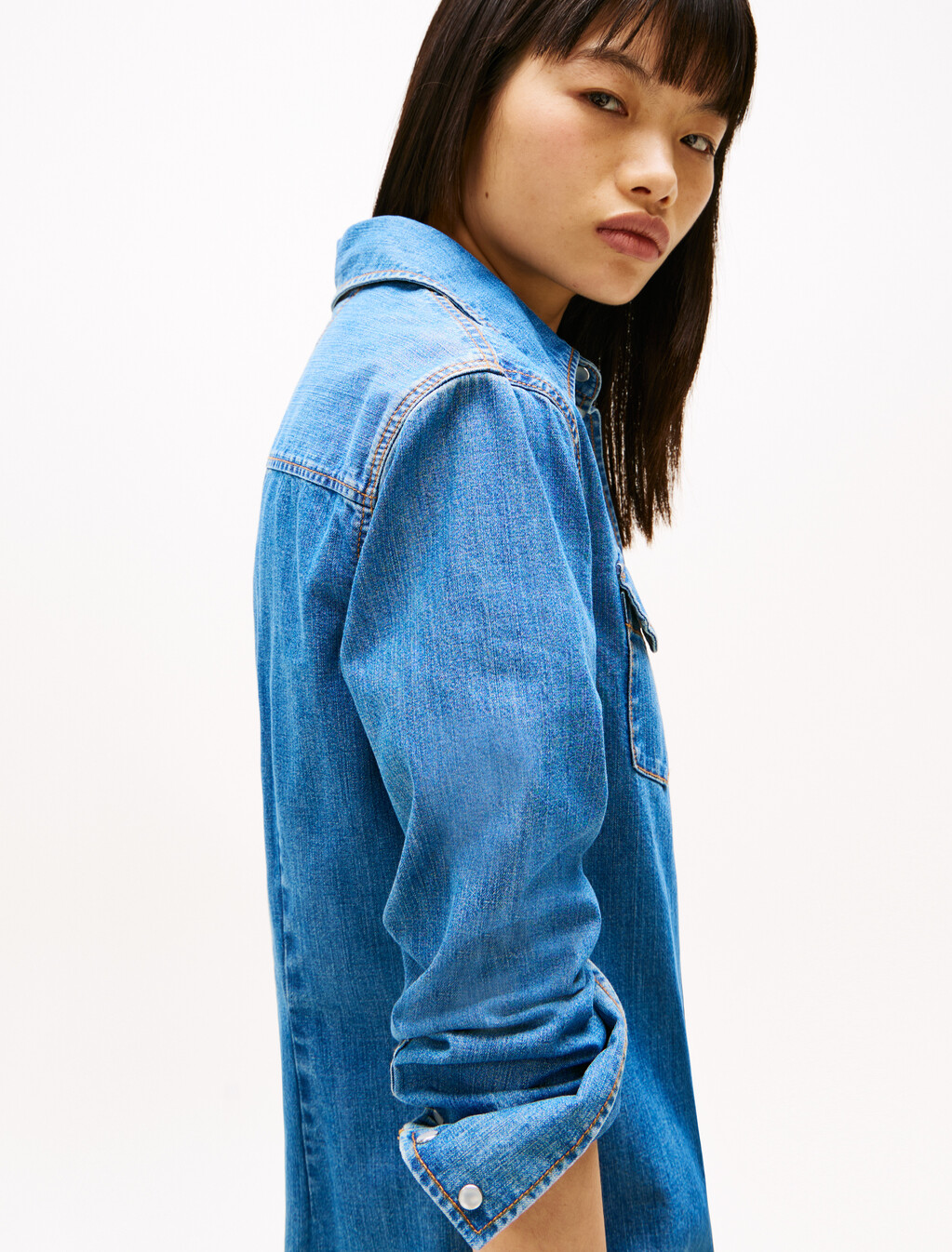 牛仔迷你襯衫洋裝, Denim Medium, hi-res