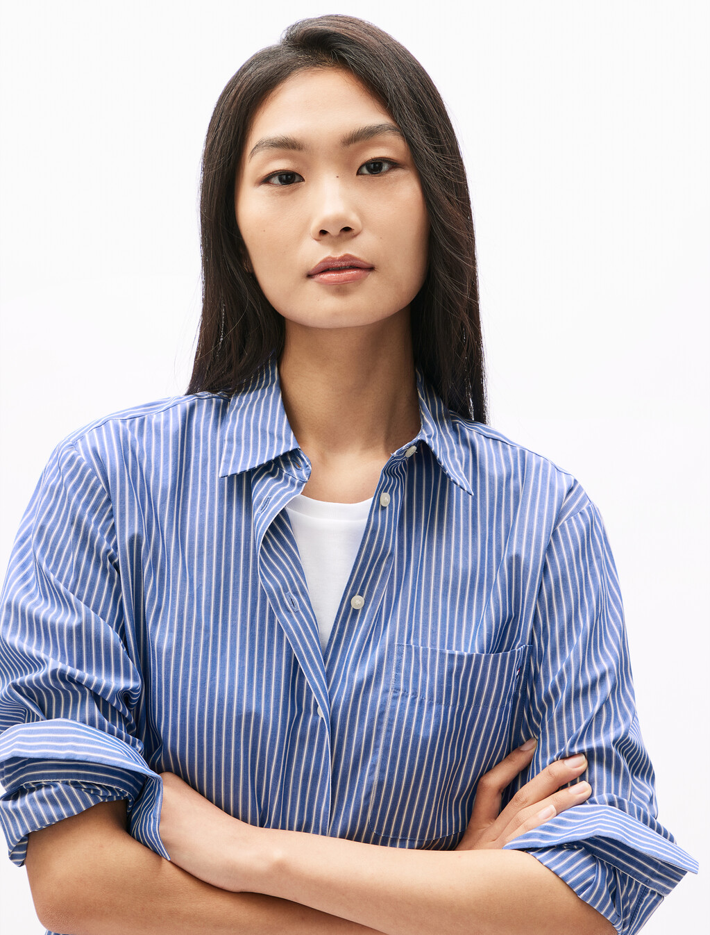 Asia Fit Essential Poplin Shirt, Blue Stp, hi-res