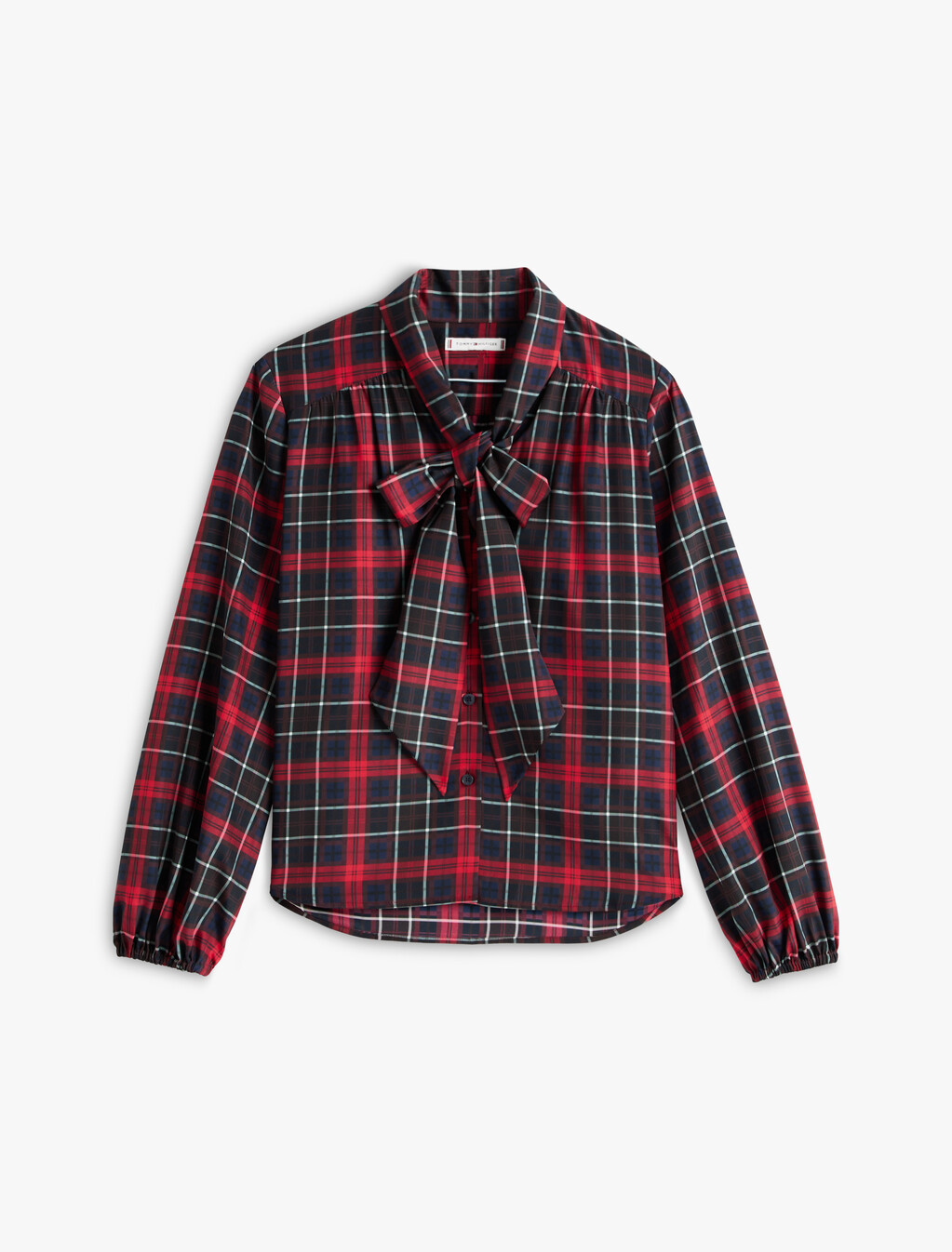 格紋縐紗蝴蝶結領襯衫, Dark Tartan Dark Night Navy, hi-res