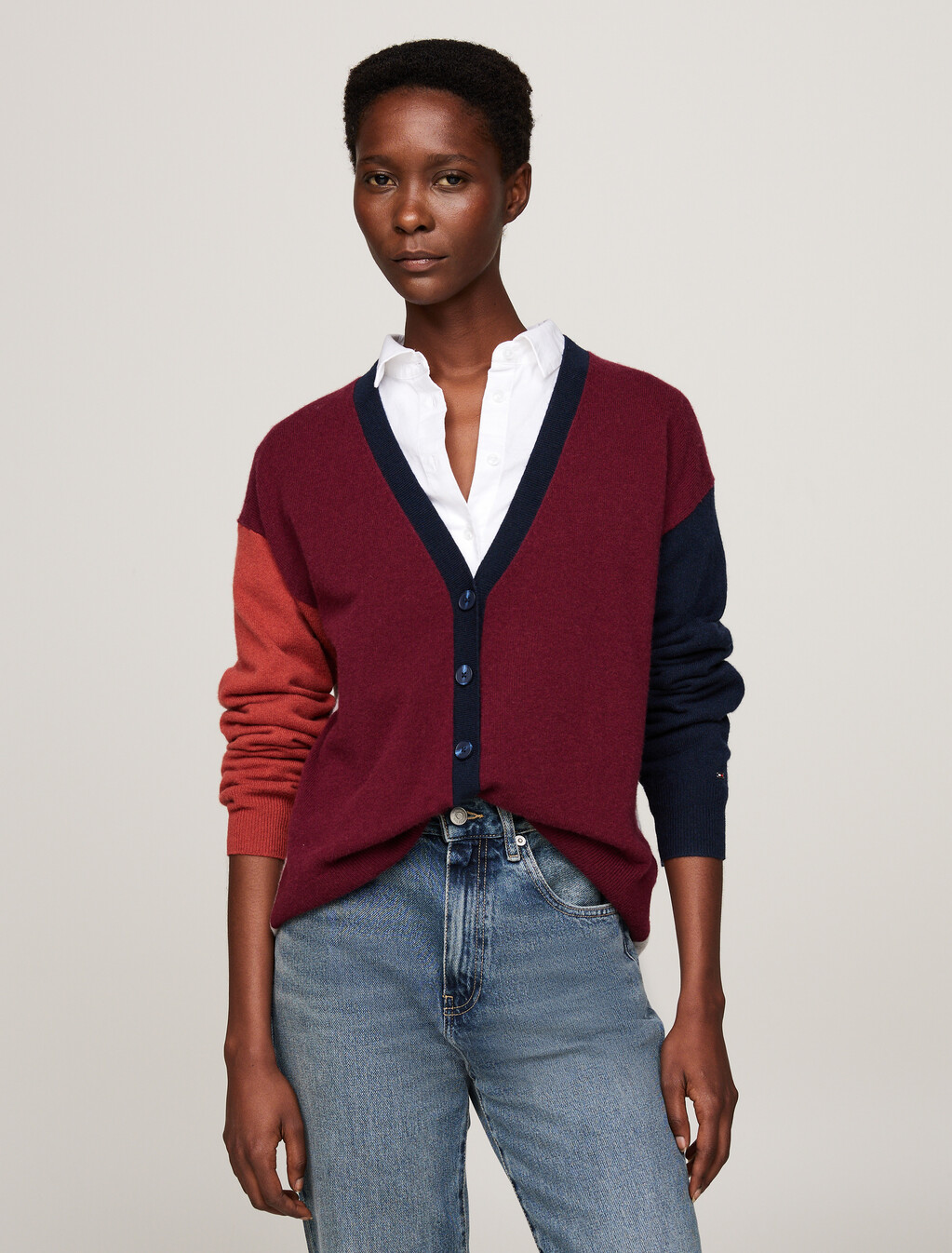 Colour-Blocked Cardigan With Cashmere, Deep Rouge, hi-res