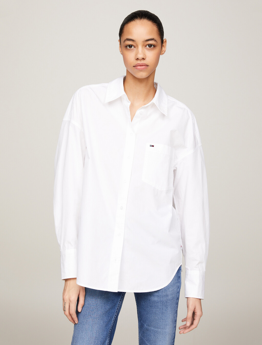 Oversized Script Logo Overshirt, White, hi-res