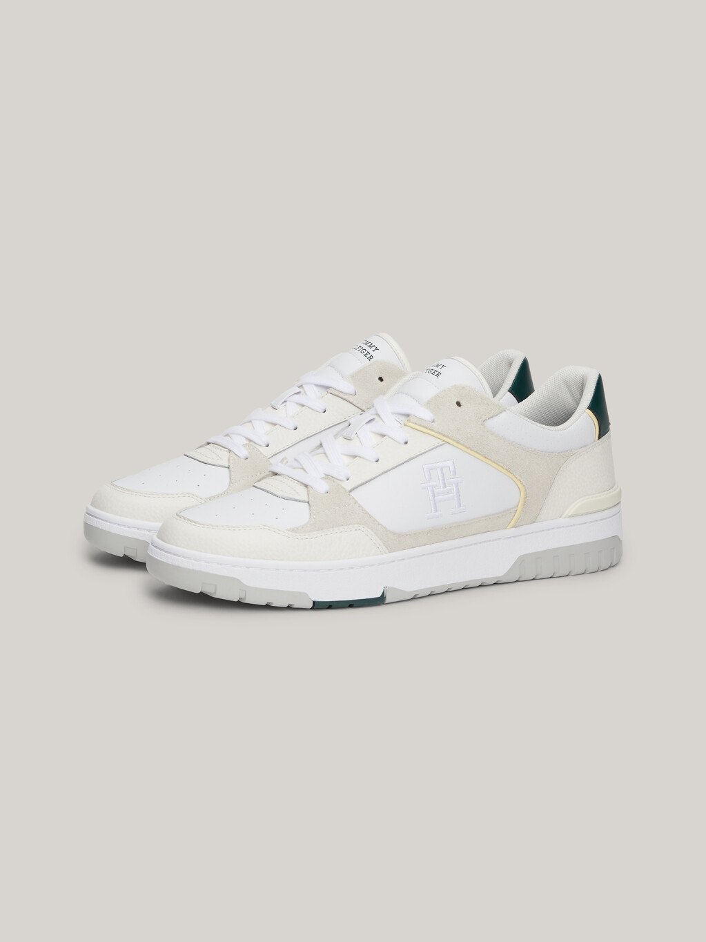 Mixed Texture Leather Basketball Trainers, White, hi-res