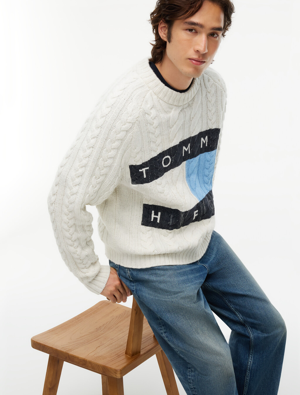 Wool Blend Cable Knit Jumper, Ecru / Well Water, hi-res