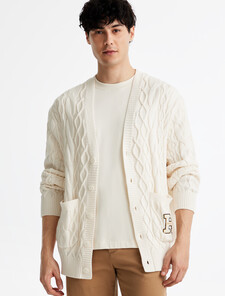Cable Knit Letterman Applique Cardigan, Ivory Petal, hi-res