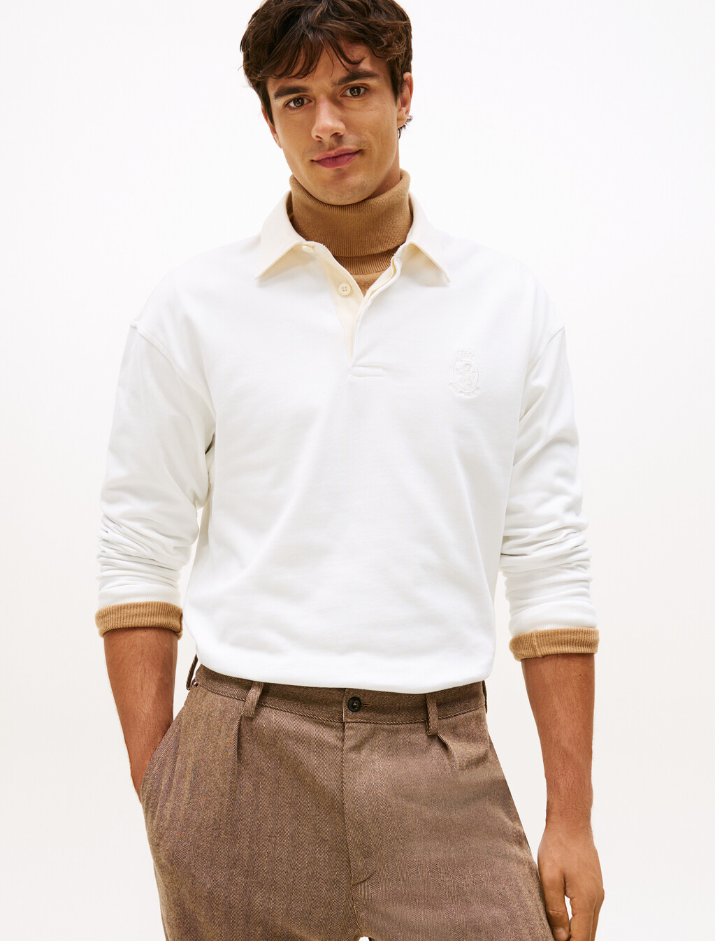 Varsity Contrast Collar Relaxed Rugby Shirt, Ecru, hi-res