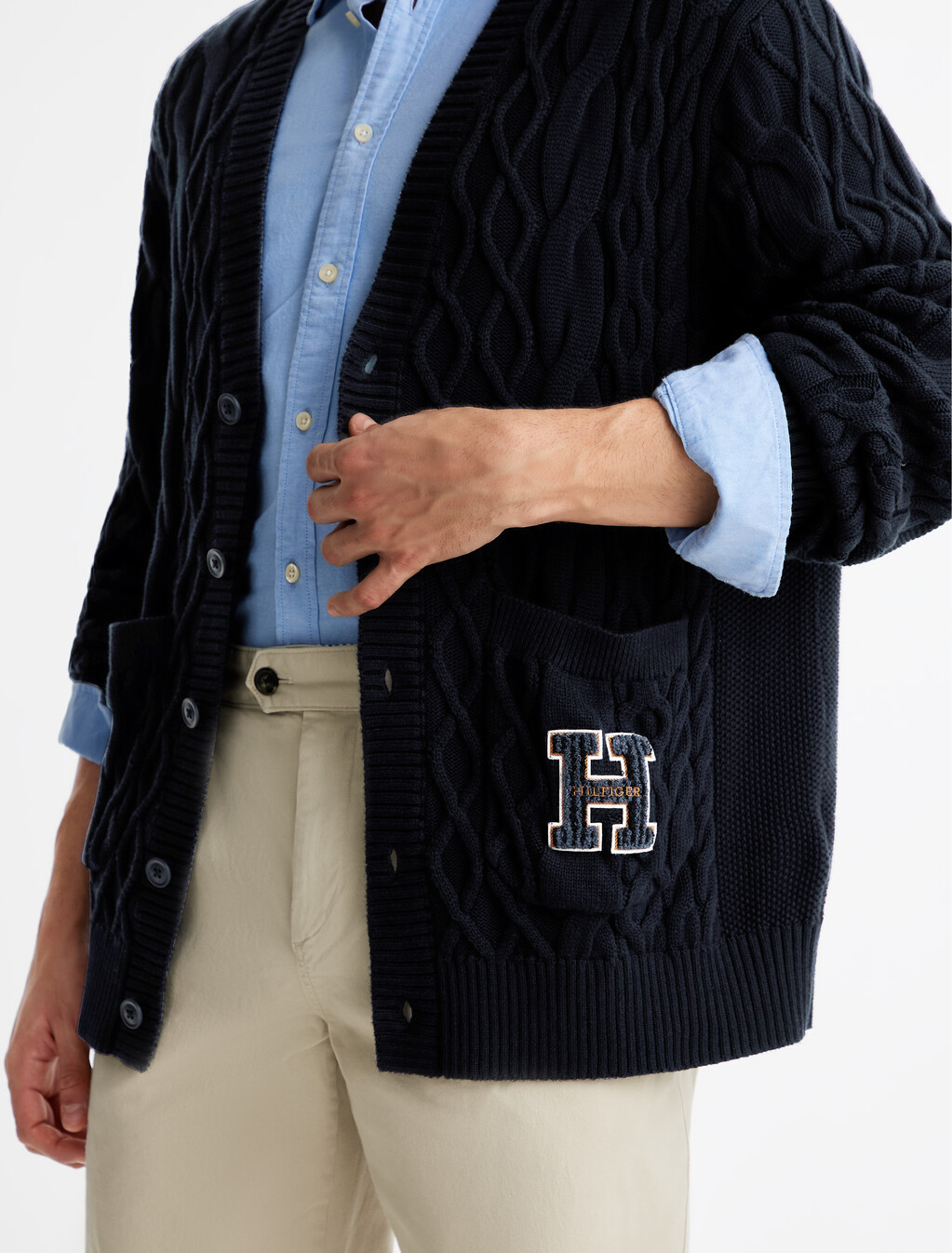 Cable Knit Letterman Applique Cardigan, Desert Sky, hi-res