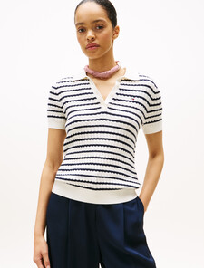 Cable Knit Polo Short Sleeve Jumper, Ivory Silk/Dark Night Navy Stp, hi-res