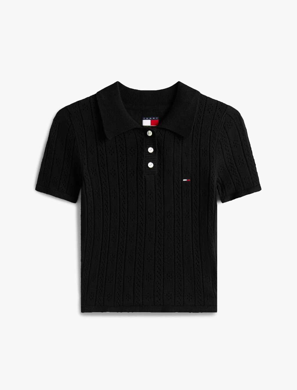 針織通花緊身 Polo 衫, Black, hi-res