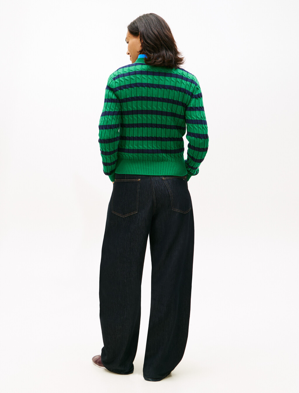 絞花針織圓領上衣, Nouveau Green/Navy Breton Stp, hi-res