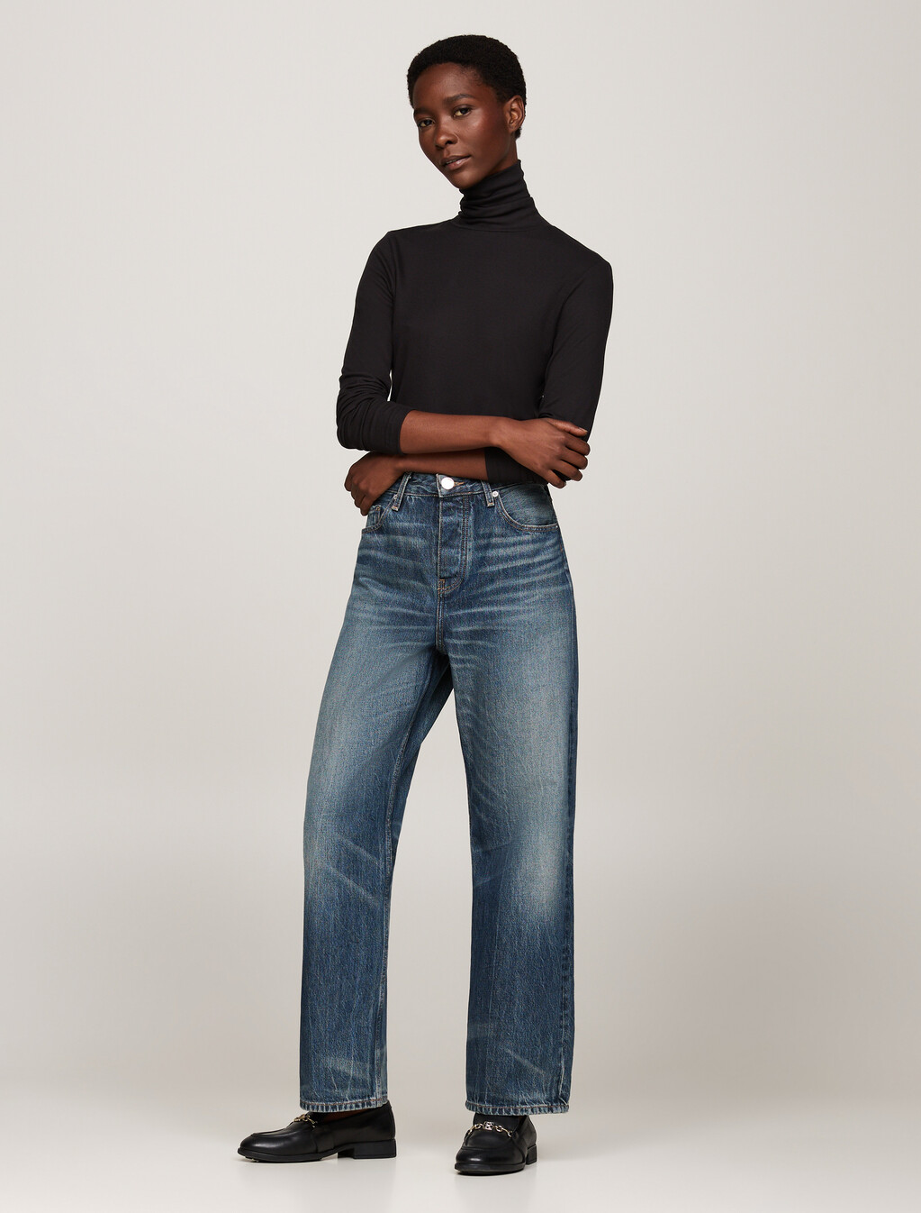 Roll Neck Long Sleeve Slim T-Shirt, Black, hi-res