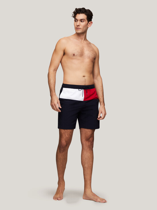 Color Block Drawstring Long Swim Trunks