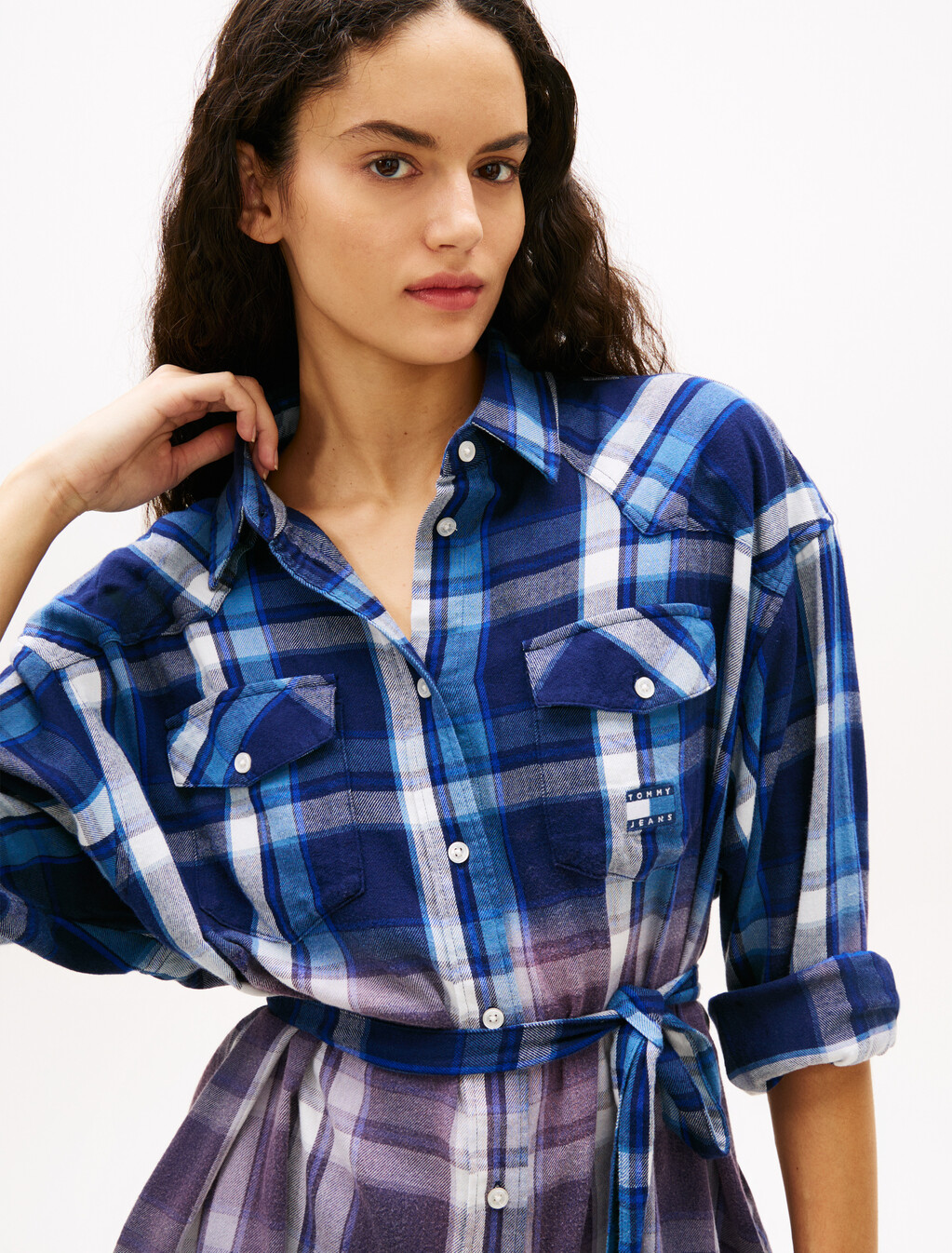 Flannel Check Belted Mini Shirt Dress, Blue Check, hi-res
