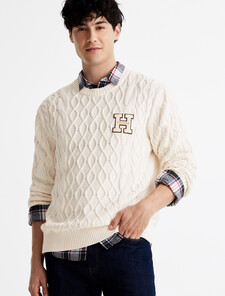 Cable Knit Letterman Applique Sweater, Ivory Petal, hi-res