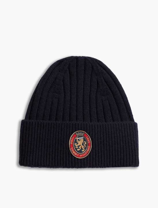 Lambswool Blend Crest Rib-Knit Beanie