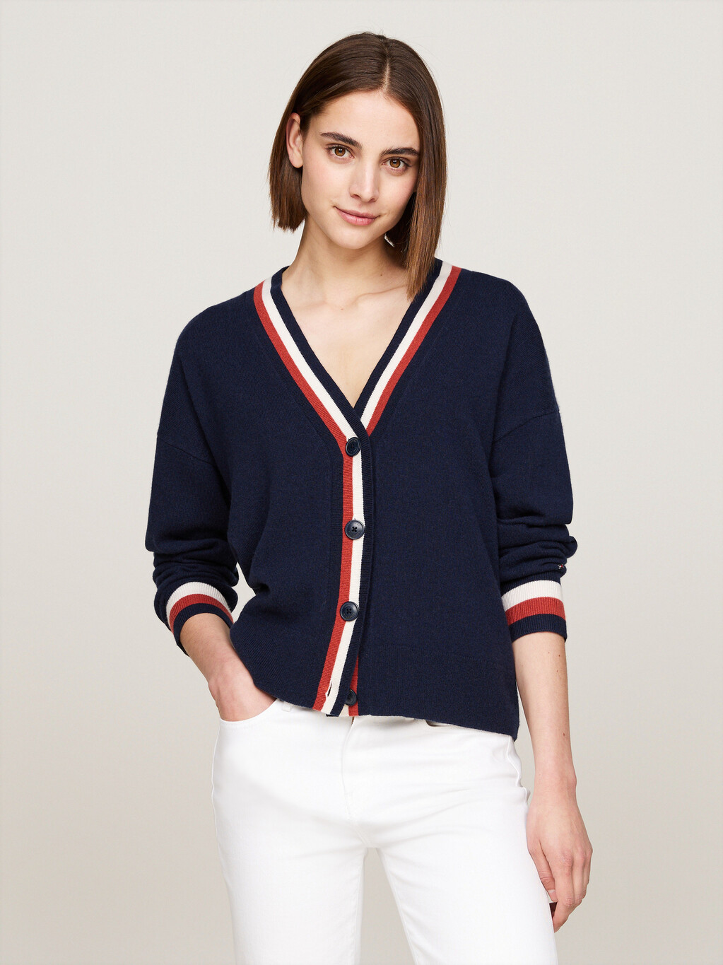 Global Stripe Wool Cashmere Cardigan, Desert Sky, hi-res