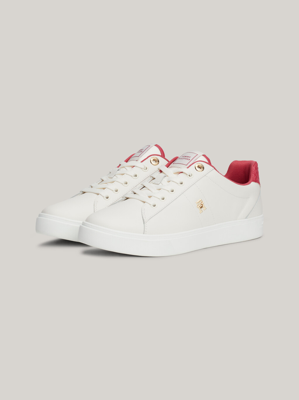 Essential TH Monogram Plaque Leather Trainers, Ancient White/Heritage Pink, hi-res