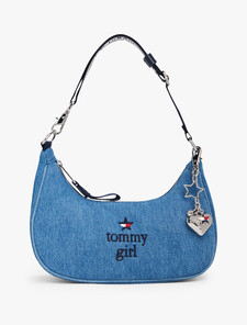 Tommy Girl 標誌吊飾牛仔肩背包, Mid Blue Denim Wash, hi-res
