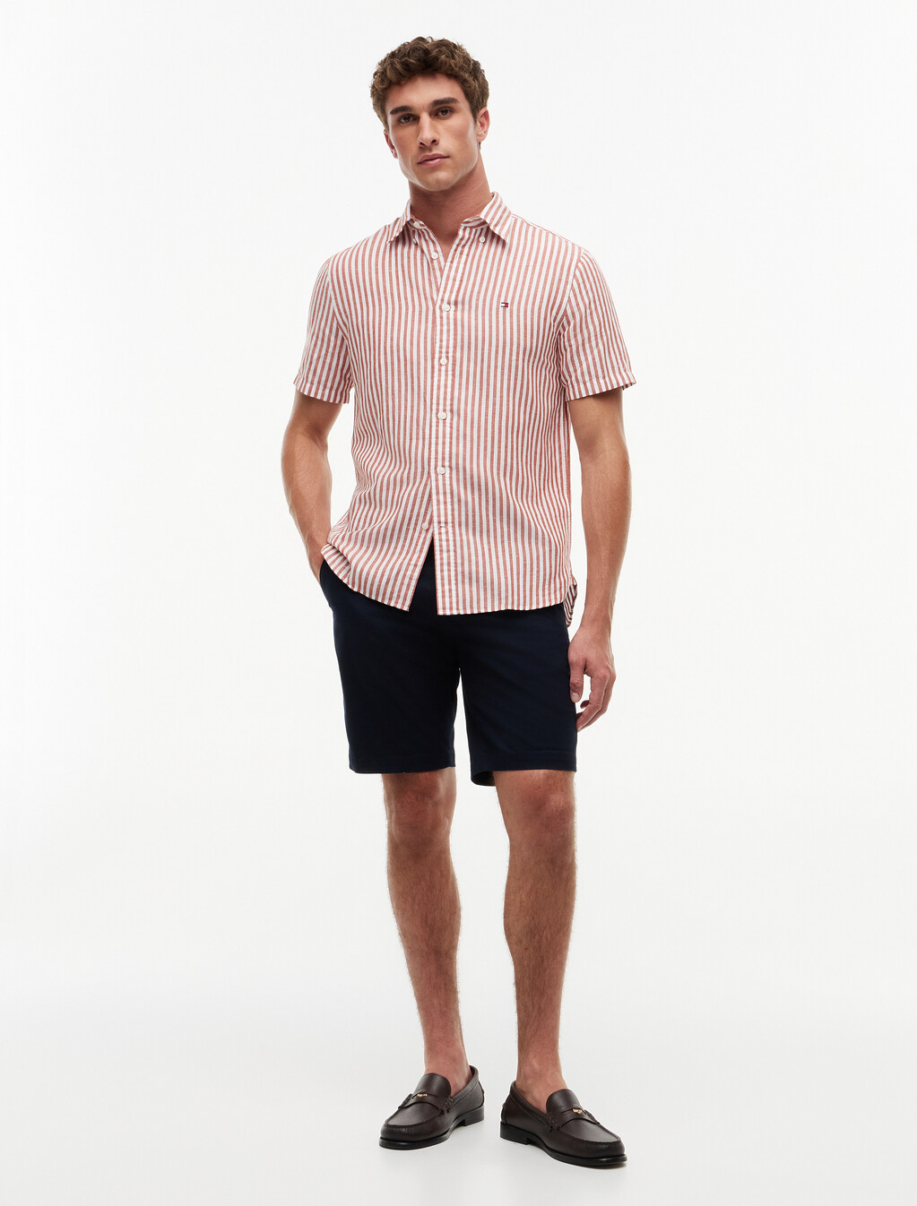 Regular Linen Blend Bengal Stripe Short Sleeve Shirt, Rusty Ochre / Stripe, hi-res