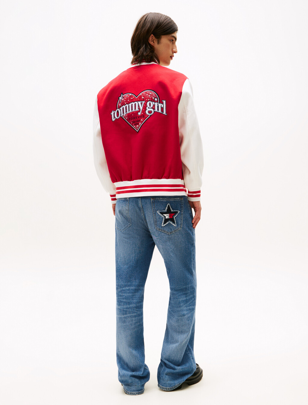 Tommy Girl 後背標誌超寬鬆棒球外套, Primary Red / Ecru, hi-res