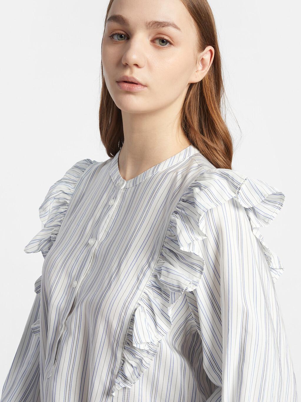 粘膠條紋花邊襯衫, Textured Stripe /Ecru Blue, hi-res