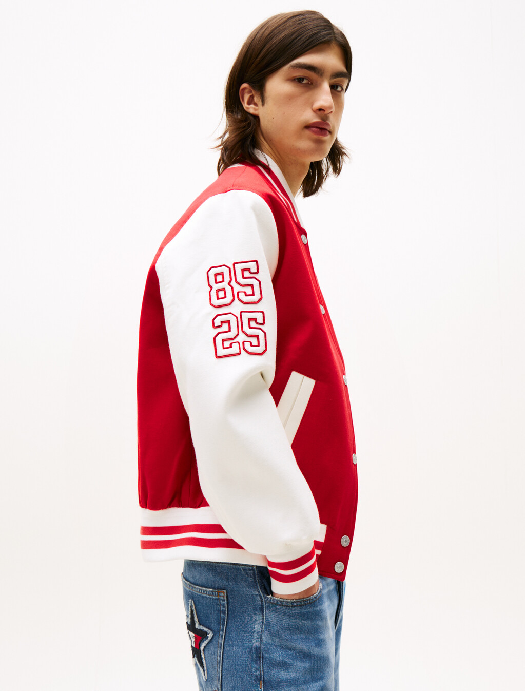 Tommy Girl 後背標誌超寬鬆棒球外套, Primary Red / Ecru, hi-res