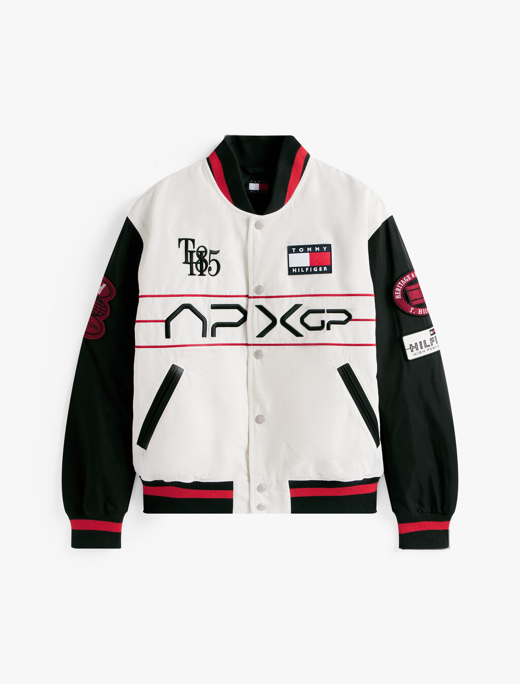 The APXGP Collection Satin Boxy Varsity Jacket, White/Red/Black, hi-res