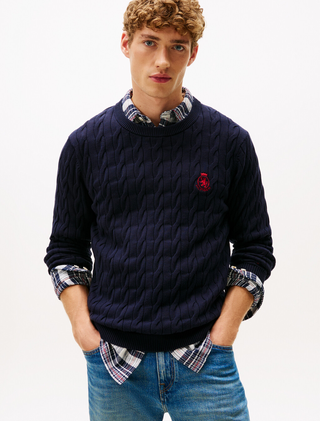 Cable Knit Crest Sweater, Desert Sky, hi-res