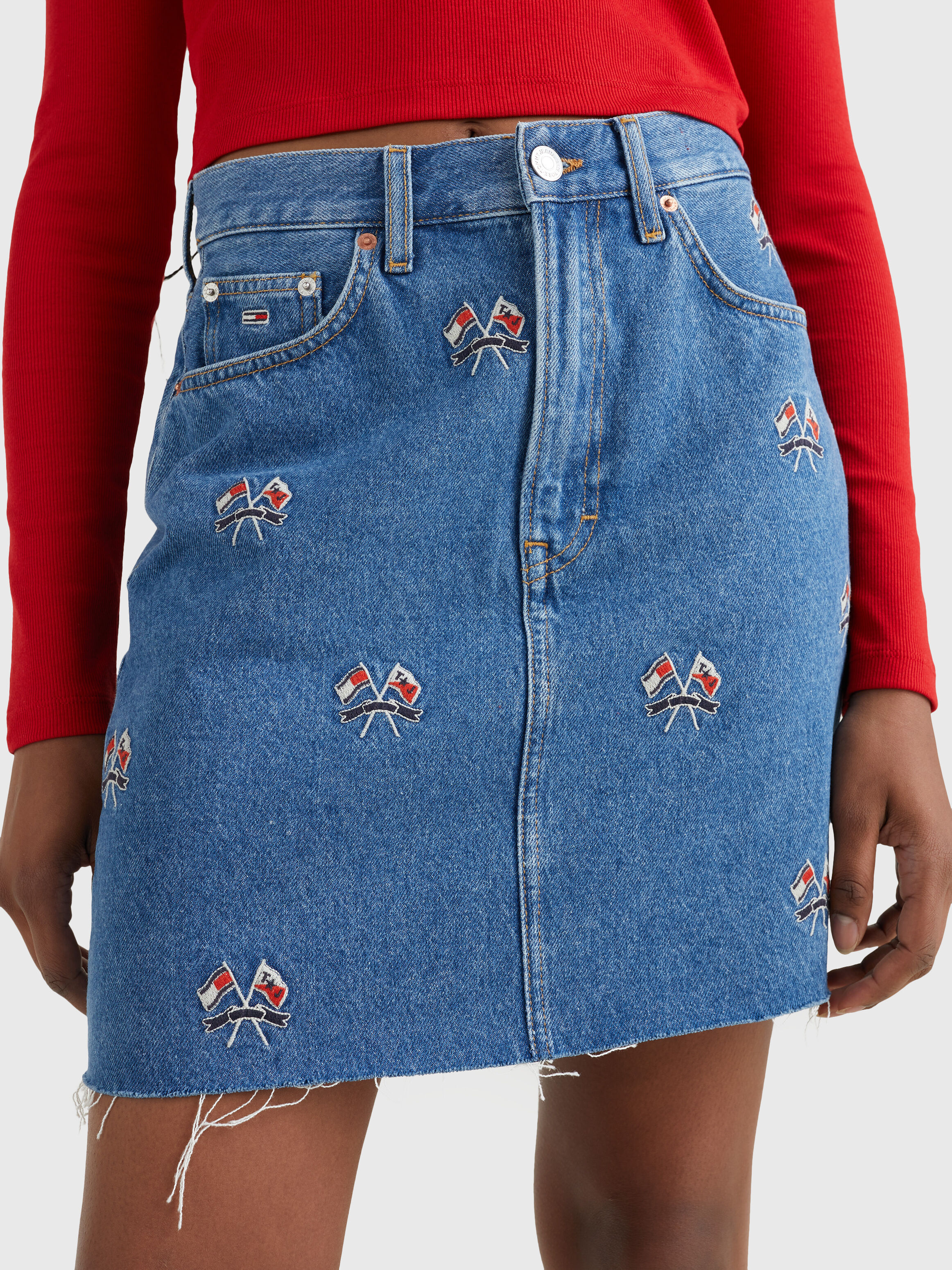 Embroidered denim top mini skirt