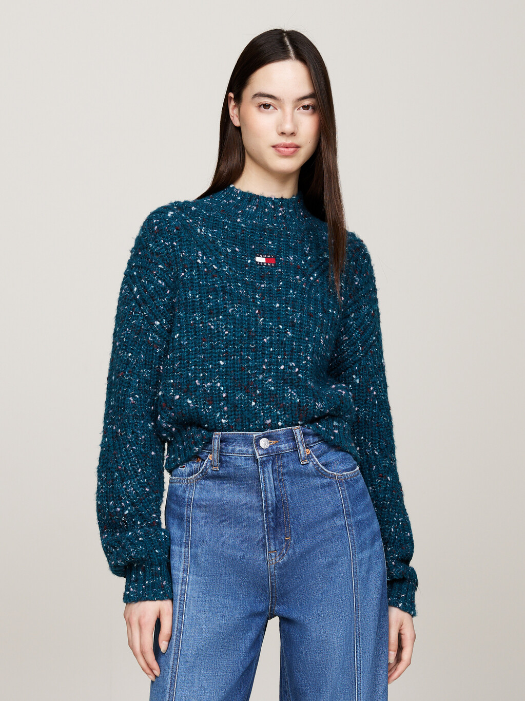 Mock Turtleneck Boxy Cropped Jumper With Wool, Deep Seawater, hi-res