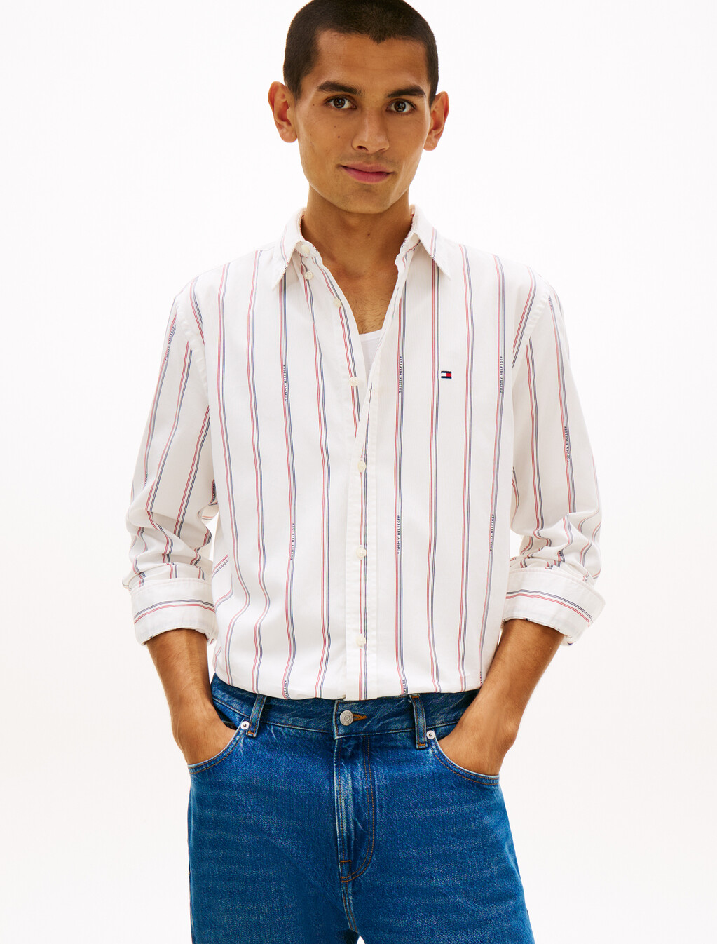 Regular Fit Logo Pinstripe Jacquard Shirt, White / Allover, hi-res