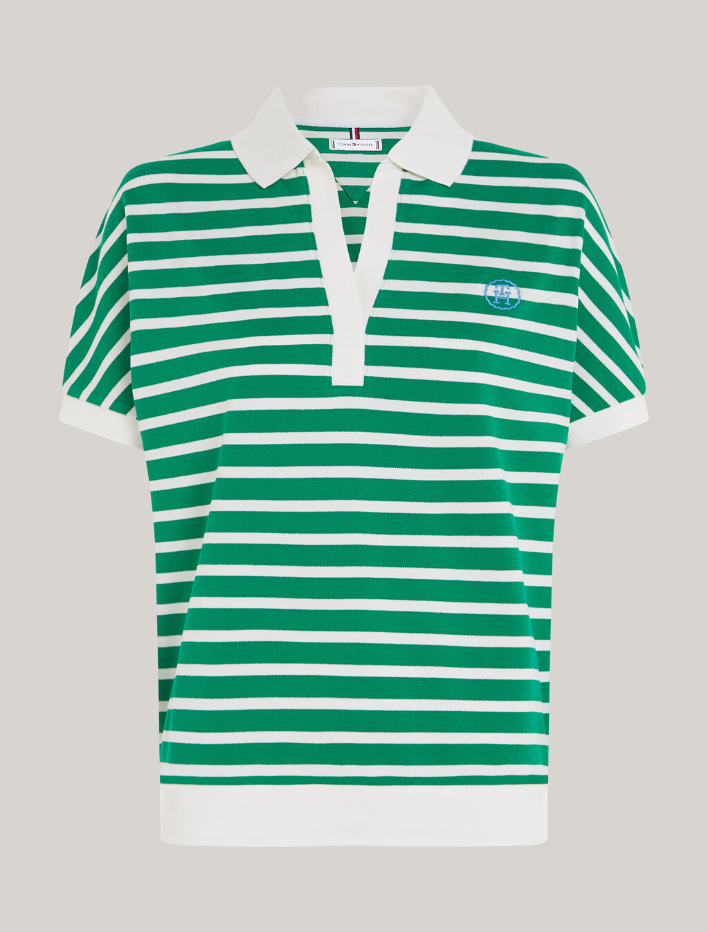 寬鬆萊賽爾條紋 Polo 衫, Breton Ecru/Olympic Green, hi-res