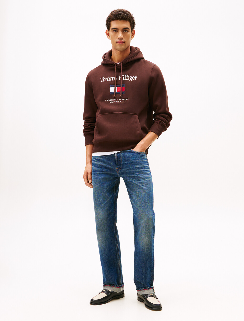 標誌刺繡彈性抓絨連帽衫, Chocolate, hi-res