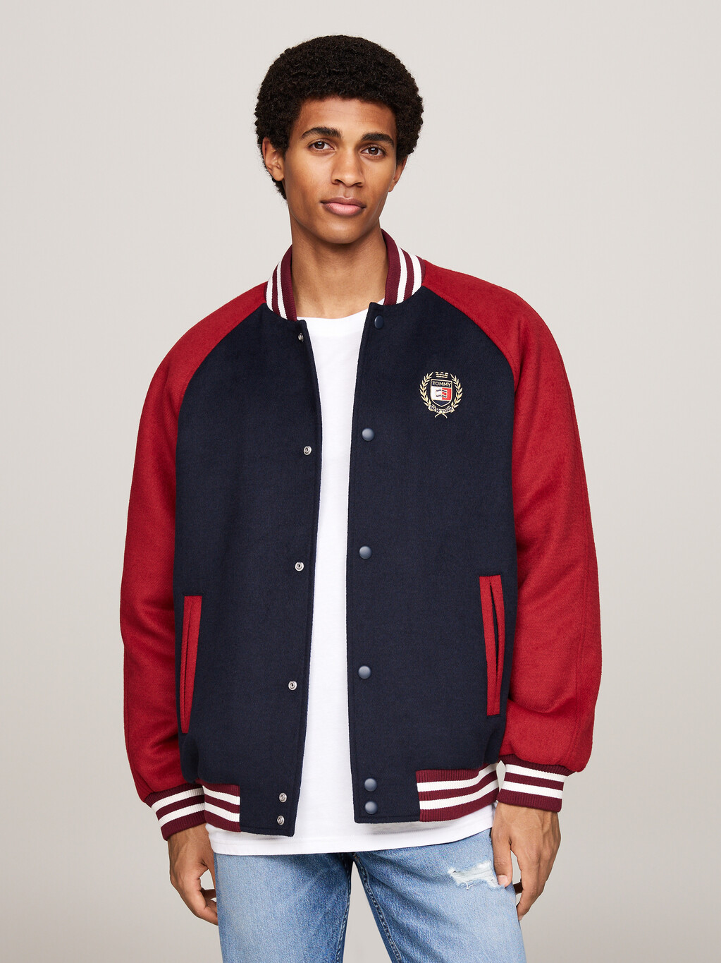 Embroidery Bomber Jacket With Wool, Dark Night Navy / Regatta Red, hi-res