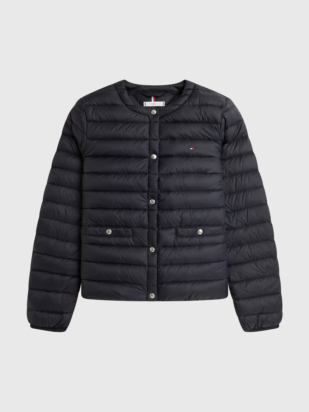 Lightweight Quilted Down Collarless Jacket, Black, hi-res