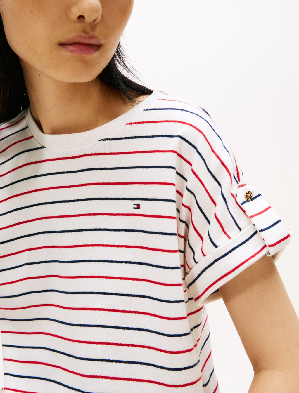 捲邊衣袖 T 恤, Multi Stripe Ivory/Red/Navy, hi-res