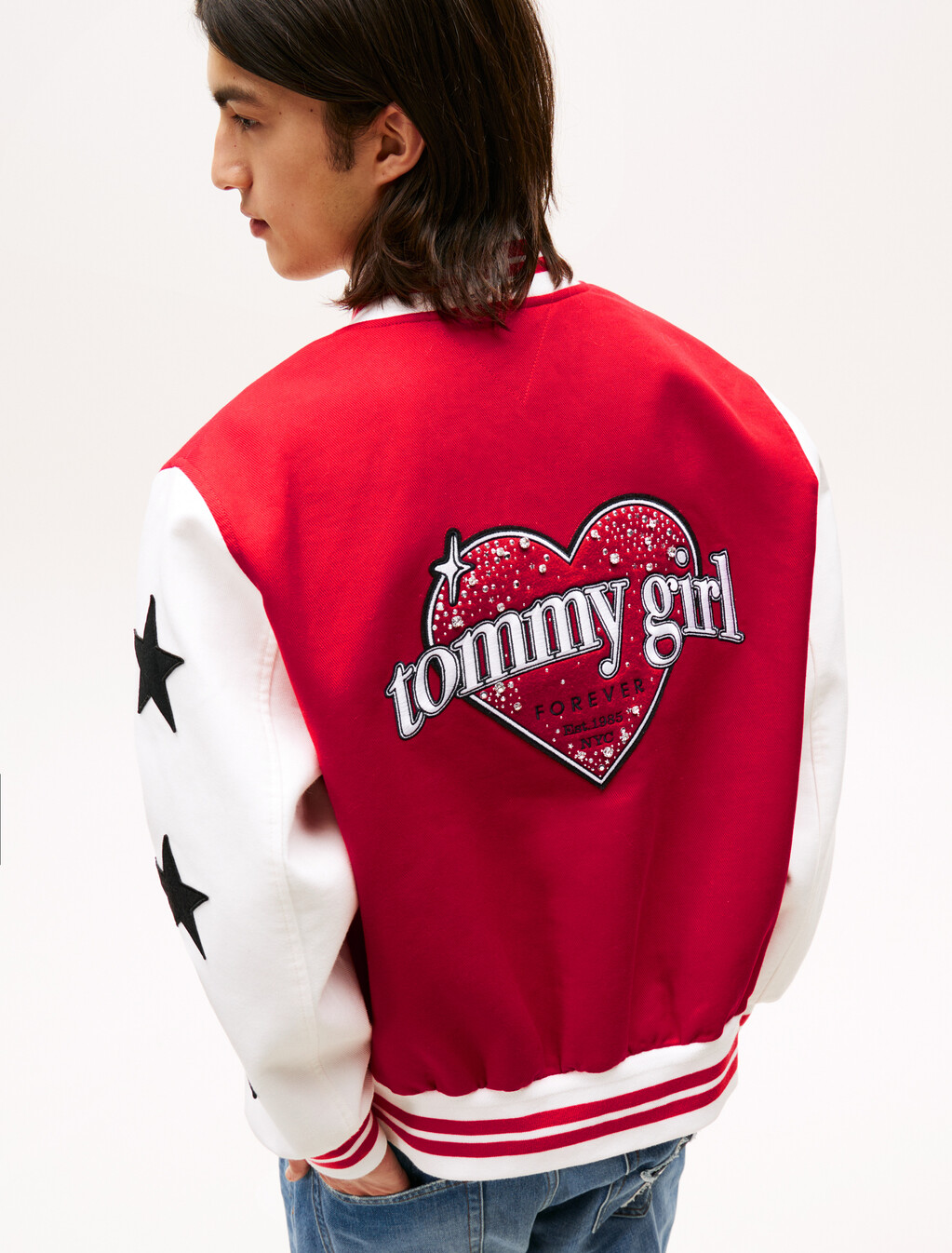 Tommy Girl 後背標誌超寬鬆棒球外套, Primary Red / Ecru, hi-res