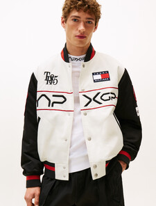 The APXGP Collection Satin Boxy Varsity Jacket, White/Red/Black, hi-res