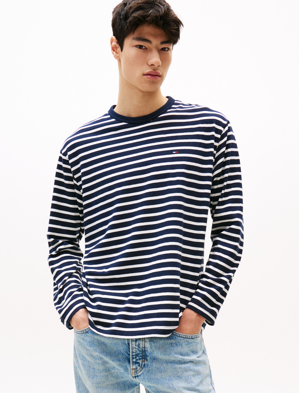法式水手條紋修身長袖 T 恤, Dark Night Navy Stripe, hi-res